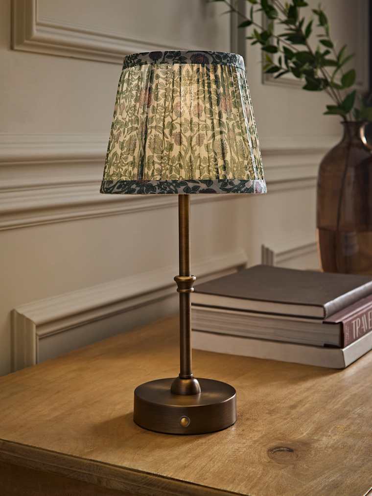 Brushed Brass Rechargeable Candlestick Table Lamp with Floral Pleated Shade