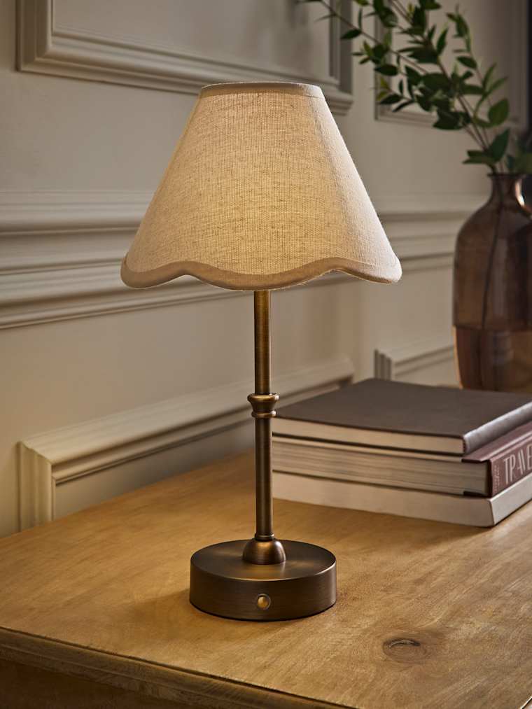 Brushed Brass Rechargeable Candlestick Table Lamp with Natural Scallop Trim Shade