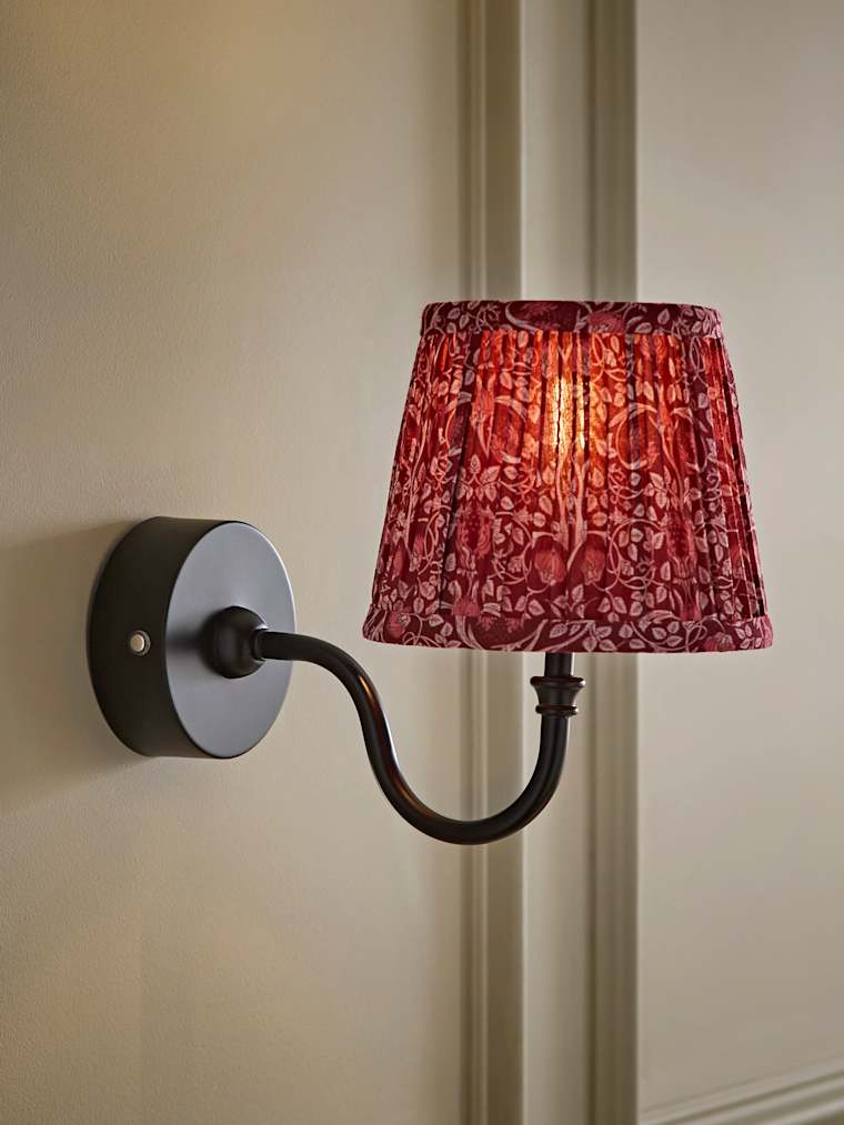 Pair of Matte Black Rechargeable Semi Flush Wall Lights with Burgundy Floral Pleated Shades