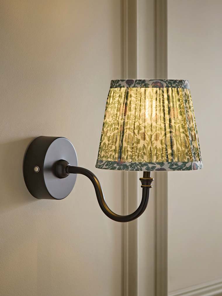 Matte Black Rechargeable Semi Flush Wall Light with Green Floral Pleated Shade