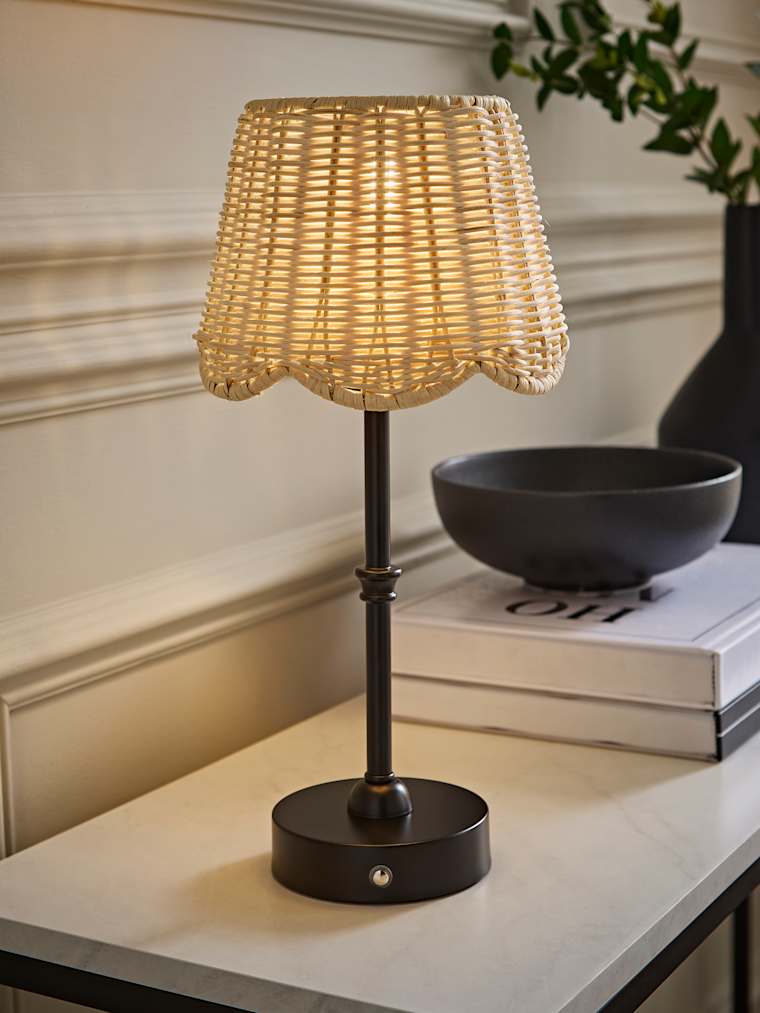 Matte Black Rechargeable Candlestick Table Lamp with Rattan Shade