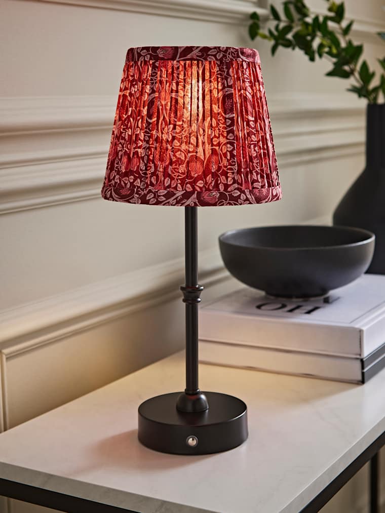 Matte Black Rechargeable Candlestick Table Lamp with Burgundy Floral Pleated Shade