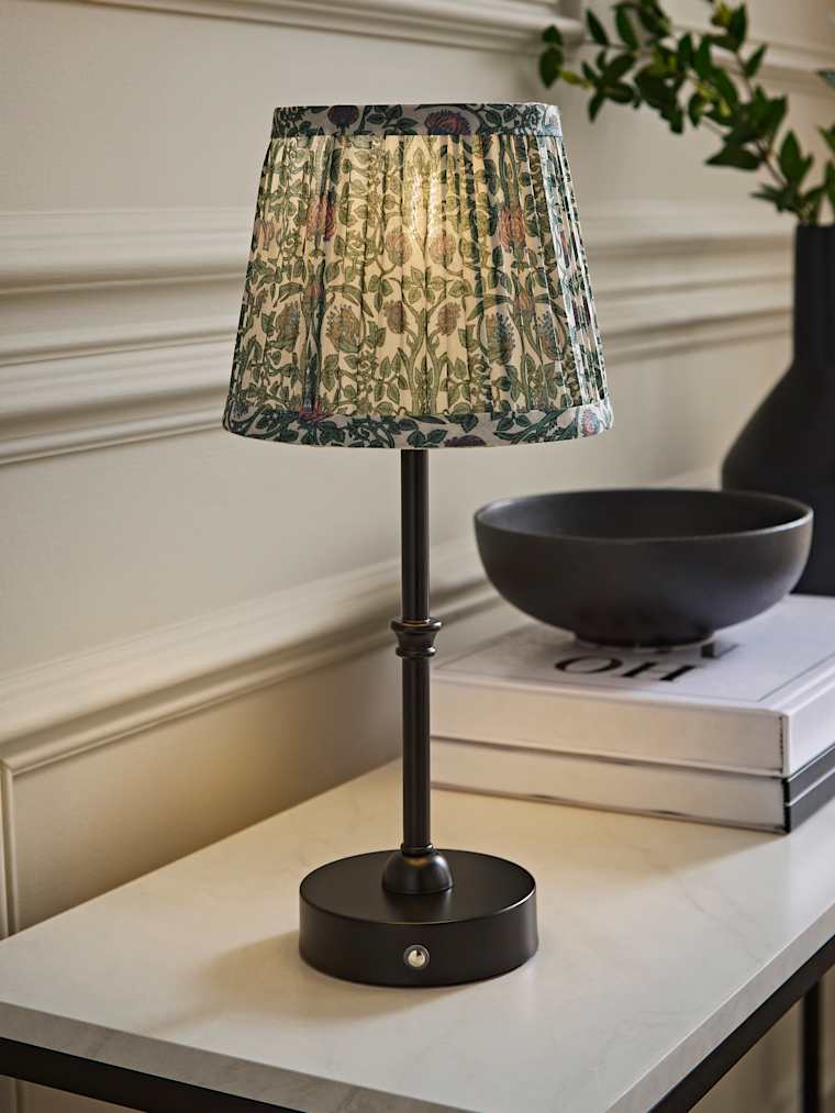 Matte Black Rechargeable Candlestick Table Lamp with Pink Floral Pleated Shade
