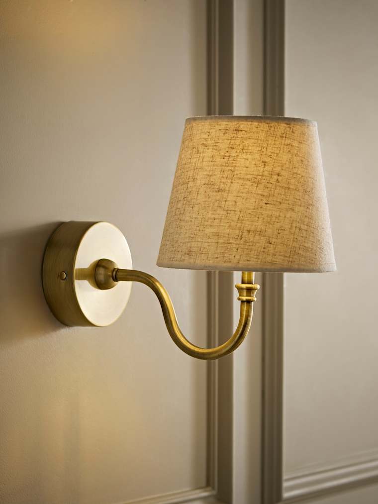 Brushed Gold Rechargeable Semi Flush Wall Light with Linen Taper Shade