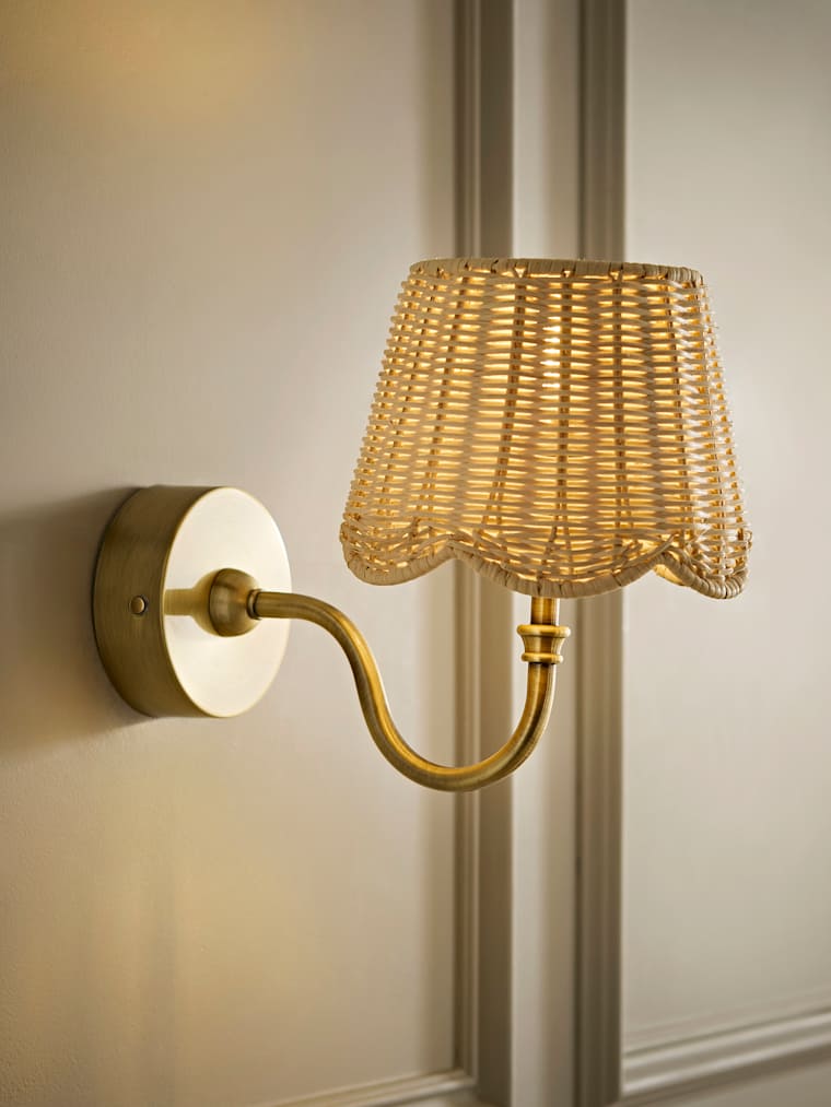 Brushed Gold Rechargeable Semi Flush Wall Light with Rattan Taper Shade