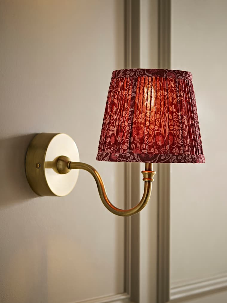 Brushed Gold Rechargeable Semi Flush Wall Light with Burgundy Floral Pleated Shade