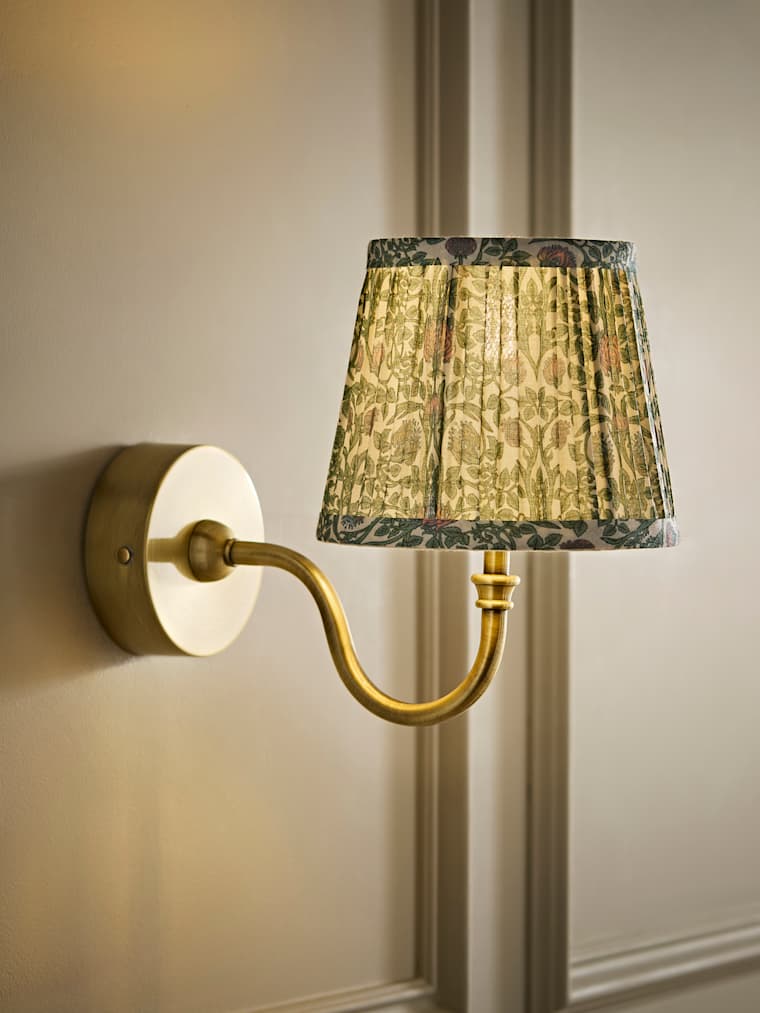 Brushed Gold Rechargeable Semi Flush Wall Light with Green Floral Pleated Shade