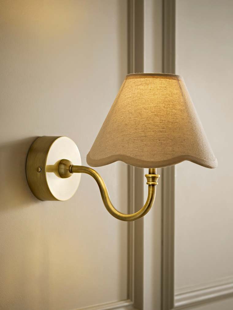 Pair of Brushed Gold Rechargeable Semi Flush Wall Lights with Natural Scallop Trim Shades
