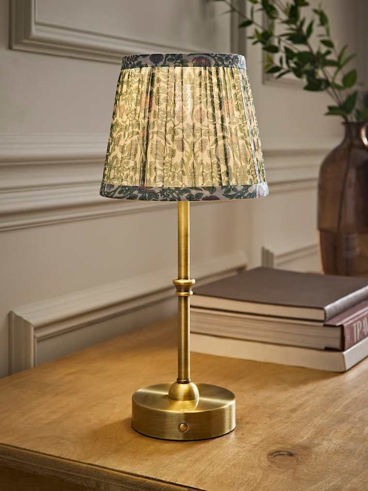 Brushed Gold Rechargeable Candlestick Table Lamp with Pink Floral Pleated Shade