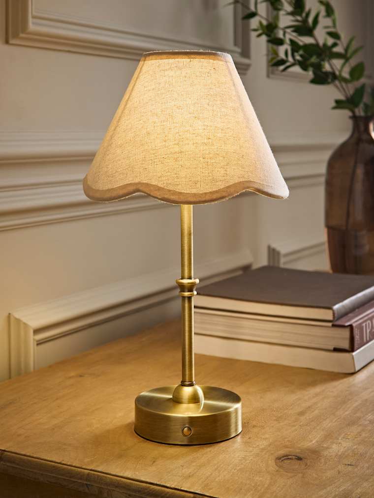 Brushed Gold Rechargeable Candlestick Table Lamp with Natural Scallop Trim Shade