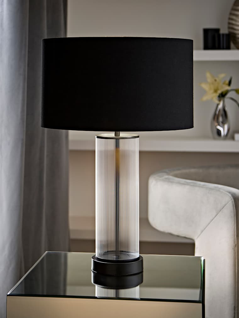 Matte Black Ribbed Glass Table Lamp with Black and Gold Inner Drum Shade