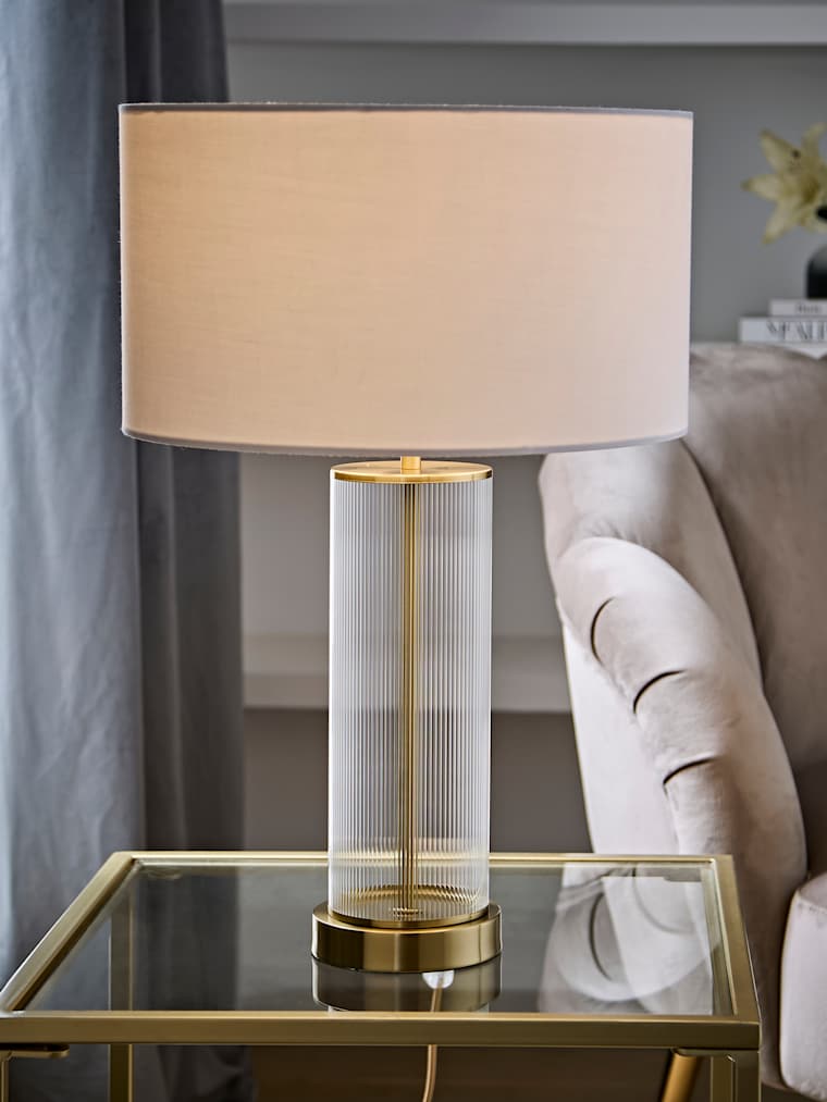 Brushed Gold Ribbed Glass Table Lamp with White Drum Shade