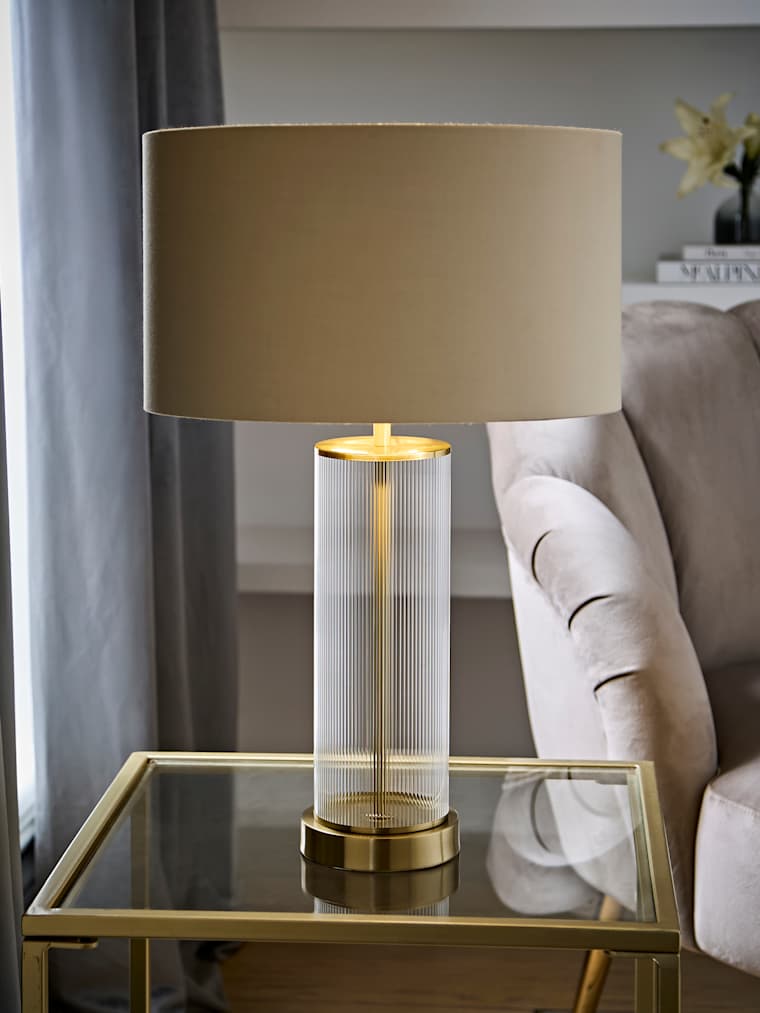 Brushed Gold Ribbed Glass Table Lamp with Beige and Gold Inner Drum Shade
