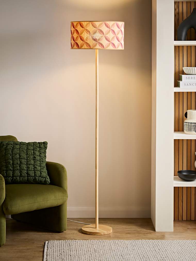 Light Wood Stem Floor Lamp with Geo Print Bamboo Drum Shade