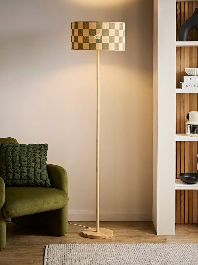 Light Wood Stem Floor Lamp with Checkerboard Bamboo Drum Shade