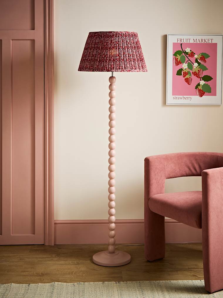 Rose Pink Bobbin Floor Lamp with Burgundy Floral Pleated Shade