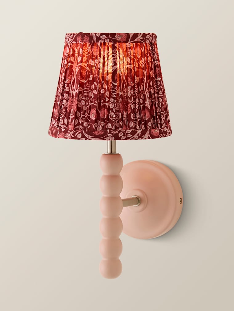 Rose Pink Bobbin Wall Light with Burgundy Floral Pleated Shade