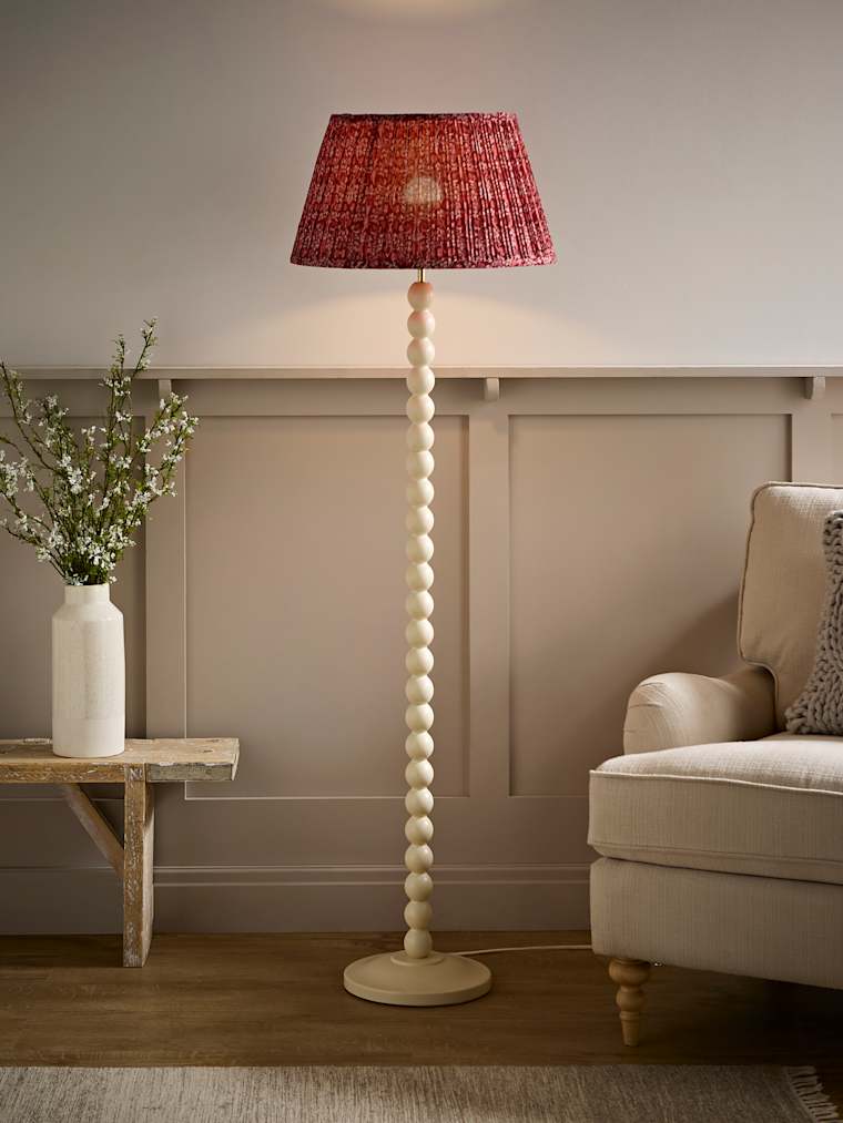 Cream Bobbin Table Lamp with Burgundy Floral Pleated Shade