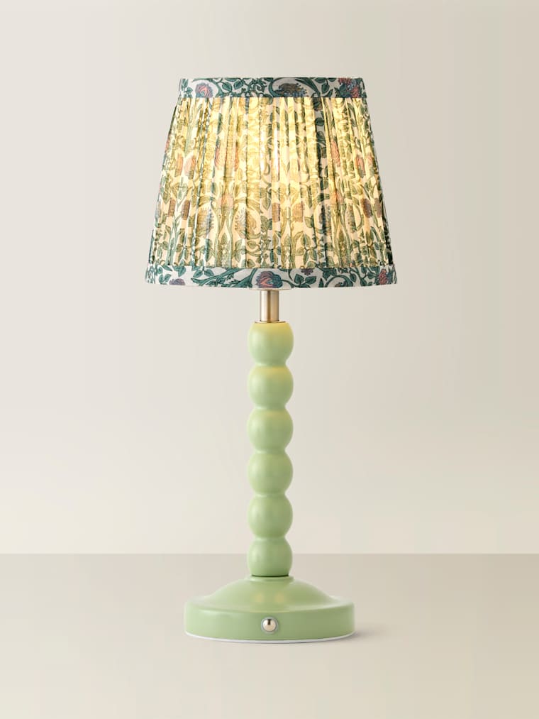 Sage Green Bobbin Rechargeable Table Lamp with Pink Floral Pleated Shade