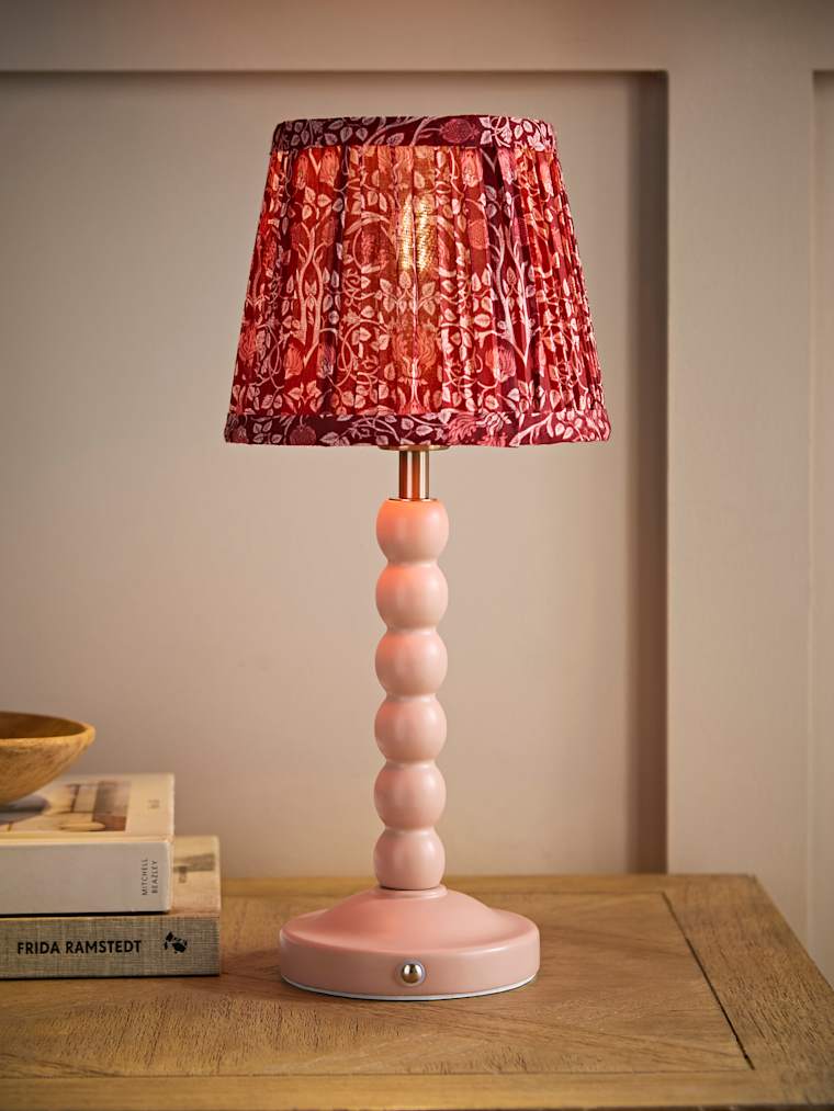 Rose Pink Bobbin Rechargeable Table Lamp with Burgundy Floral Pleated Shade