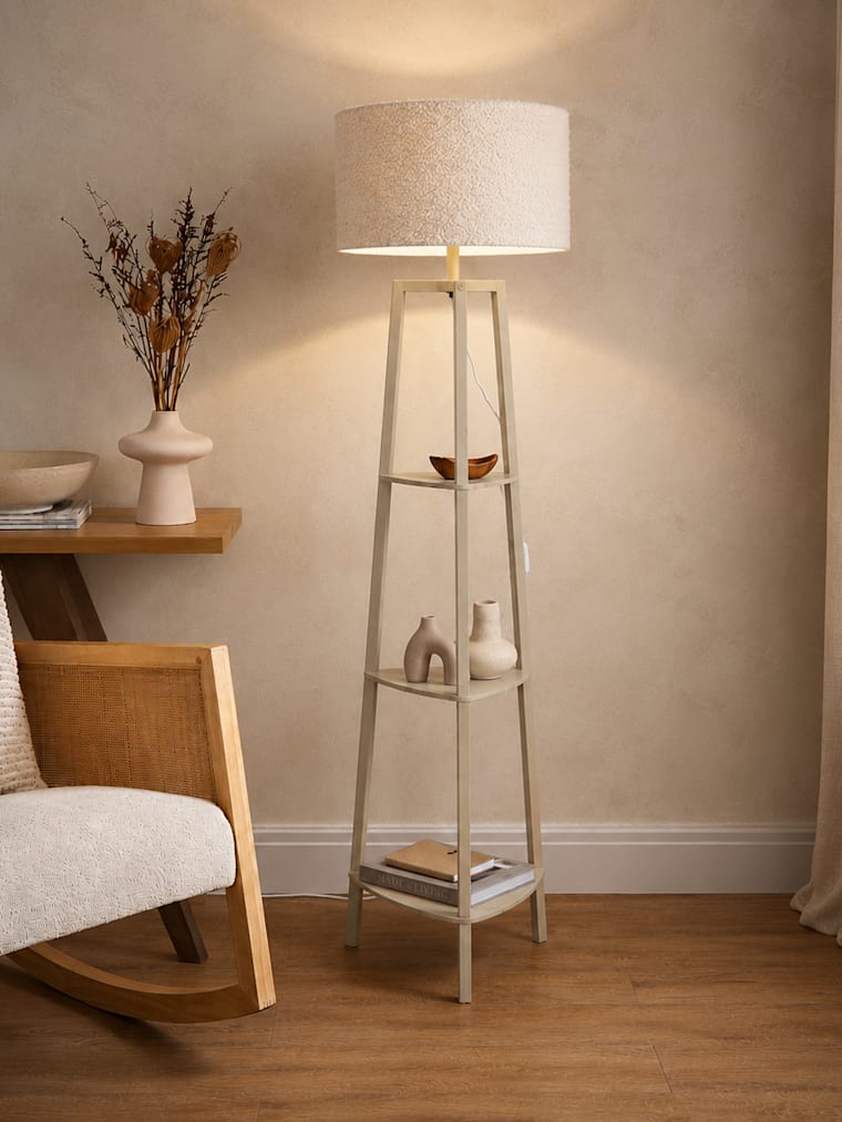 Cream Shelf Floor Lamp with Cream Boucle Shade